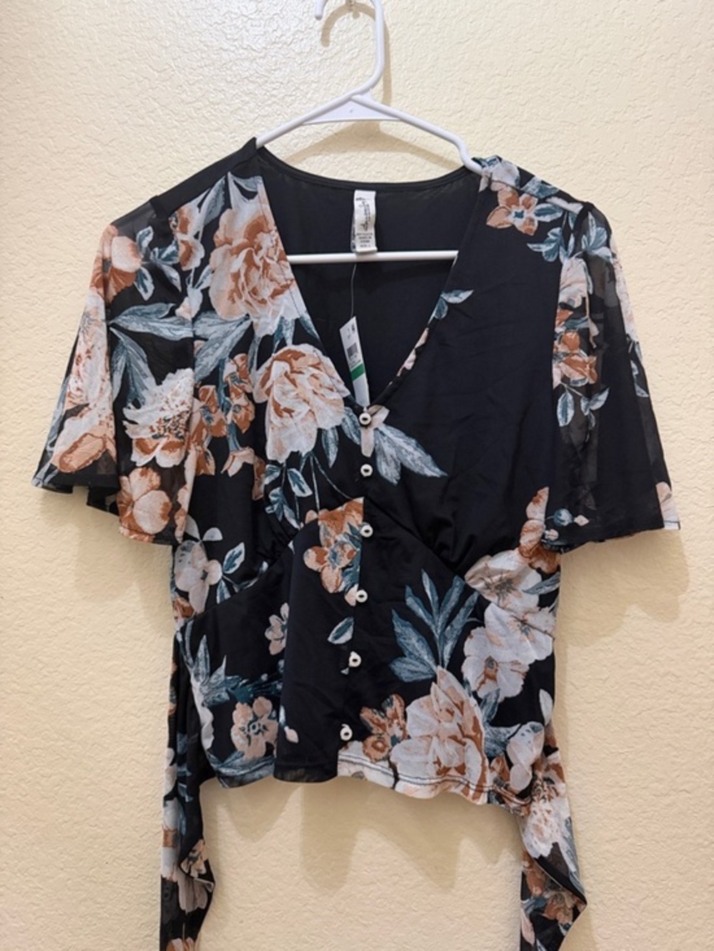 American Rag Black Floral Tie-Front Button Blouse